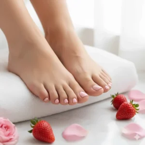 A professional pedicure showcasing the trendy, soft pink look of strawberry milk nail polish on toenails.