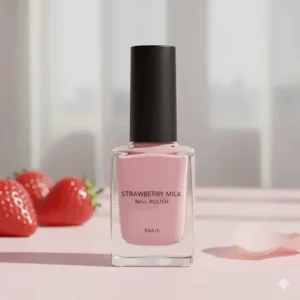 A clear image of the strawberry milk nail polish bottle on a light pink background, emphasizing the delicate color.
