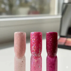 Swatches of three different shades of pink sparkle nail polish, ranging from light pastel to deep magenta.