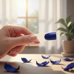 Hand holding a color swatch of royal blue nail polish to show the deep, rich pigment.