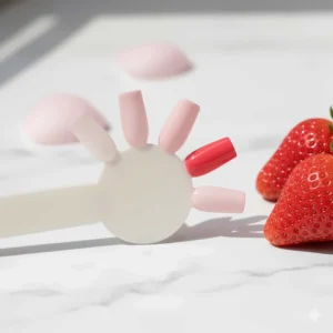 A swatch photo displaying two coats of strawberry milk nail polish on a nail wheel next to a fresh strawberry for color comparison.
