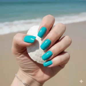 A refreshing set of nails painted in a bright teal or turquoise blue nail polish color, hinting at beach vibes.