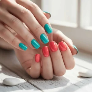 Beautiful two-tone manicure with turquoise and coral nail polish color combination.