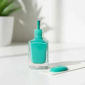 Single bottle of turquoise nail polish next to a painted color swatch on white background.