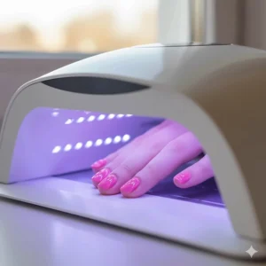 Hands placed inside a UV or LED lamp, curing the freshly applied pink gel nail polish base coat.