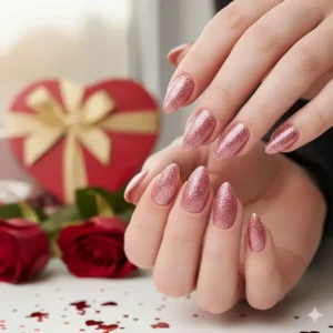 Elegant pink sparkle nails suitable for a Valentine's Day or celebratory look.