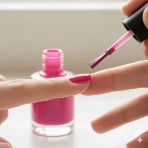 A step-by-step image demonstrating the correct technique for applying the first coat of fuchsia nail polish.