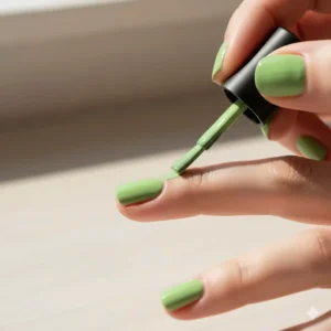 A hand applying the second coat of a vibrant light green nail polish using the brush.