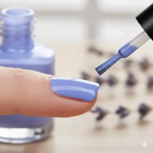 A detail image of a nail brush applying the final stroke of periwinkle nail polish to a fingernail.