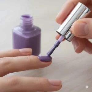 An instruction shot of a nail brush applying the first coat of purple nail polish.
