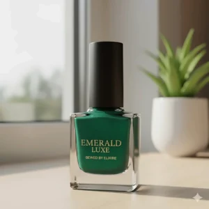 Product shot of a glass bottle containing the highly pigmented emerald green nail polish.