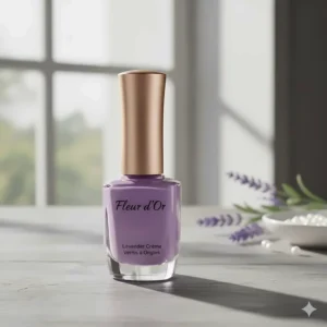 The sleek glass bottle of premium lavender colour nail polish, perfect for spring and summer looks.