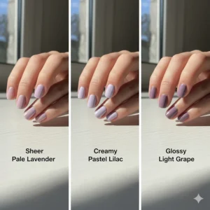 Comparison photo of three different popular light purple nail polish shades to help choose the best option.