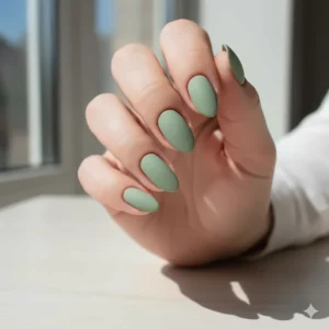 A full hand showcasing a fashionable, smooth matte finish of a light green nail polish.