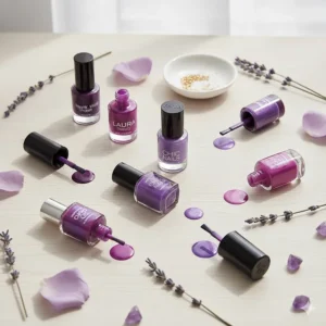 A collection of different brands and bottles of highly-rated purple nail polish.