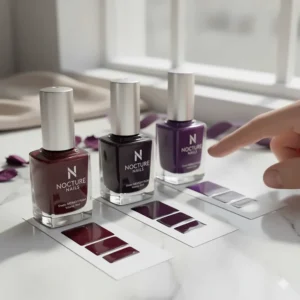 Side-by-side comparison of different shades, including a classic dark purple nail polish.