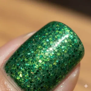 Extreme close-up shot highlighting the texture of the chunky green glitter finish on the nail polish.
