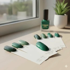 Side-by-side comparison of different dark green colors next to the primary emerald green nail polish.