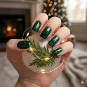 Festive, dark green glitter nails perfect for the holidays or a winter event.