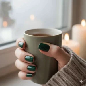 Manicure showcasing a sophisticated, deep forest green nail polish, perfect for a winter look.