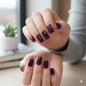 Short, square-shaped nails showcasing a trendy application of dark purple nail polish.