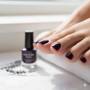 Toes with a fresh pedicure featuring a deep, luscious dark purple nail polish.