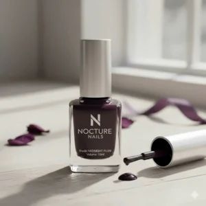 Bottle of dark purple nail polish in a deep, glossy eggplant shade.
