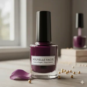 A classic glass bottle containing a rich, deep plum nail polish color, ready for application.