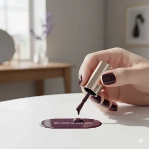Hand holding a bottle of deep, rich purple nail polish over a color swatch.