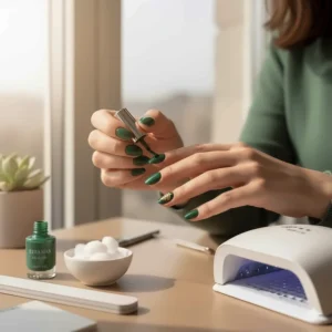 Step-by-step image of a woman applying green gel nail polish at home.