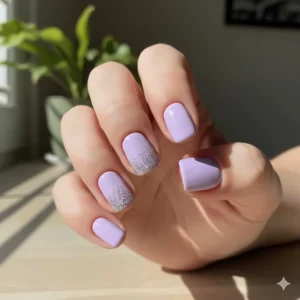 DIY nail art design with a base of light purple nail polish accented with silver glitter on the ring finger.