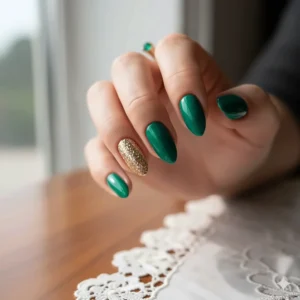 Elegant manicure featuring glossy emerald green nail polish with a gold glitter accent nail.