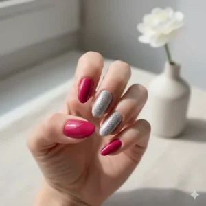 A close-up of nail art design using fuchsia nail polish on all fingers with a silver glitter accent nail.