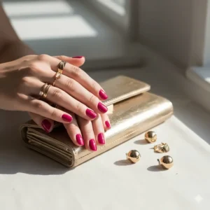 A stylish flat lay featuring fuchsia nail polish complemented by elegant gold rings and a clutch.