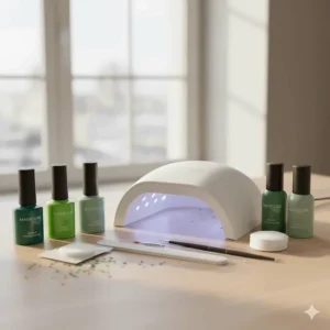 A complete green gel nail polish starter kit including the UV lamp and necessary tools.