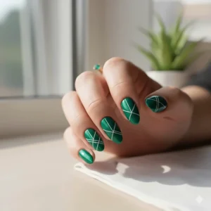 Contemporary nail art design using white lines over a base of emerald green nail polish.