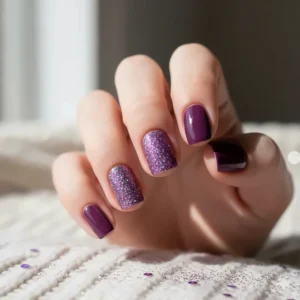 Shimmering purple nail polish with fine glitter applied as an accent on a ring finger.