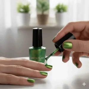 A step-by-step close-up of applying green flash nail polish to the nails for a perfect manicure.