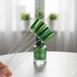 Swatch stick demonstrating the true color shift of the green flash nail polish in different lighting conditions.