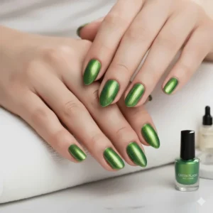 Finished look of nails painted with green flash nail polish, sealed with a glossy, protective top coat.