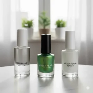 A complete collection or product lineup including the green flash nail polish and matching base and top coats.
