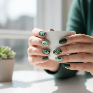 Creative nail art design featuring a mix of light and dark green gel nail polish.