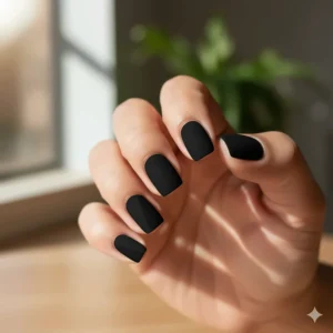 Creative nail art design using green glitter nail polish as an accent over a solid black base color.