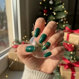 Festive and bold manicure using emerald green nail polish, perfect for holiday parties.