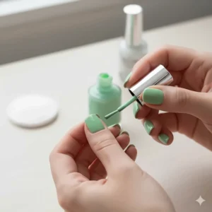 Step-by-step image showing proper application of the first coat of a creamy green nail polish.