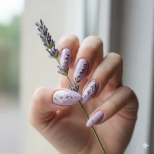 Elegant floral nail art design using a pale lavender colour nail polish as the background base.