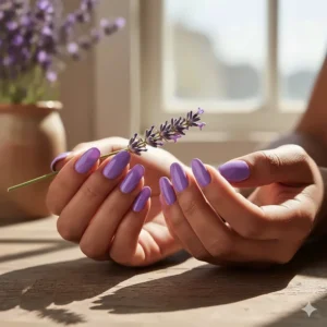 A vibrant pop of lavender colour nail polish contrasting beautifully against a deep or medium skin tone.