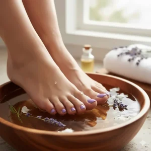 A relaxing and fresh pedicure using the light, airy lavender colour nail polish shade.