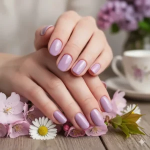 Fresh spring look with pastel purple nail polish on short, oval-shaped nails.