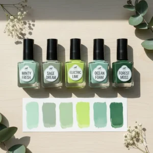 Side-by-side comparison of different light green nail polish shades, including sage and lime green colors.